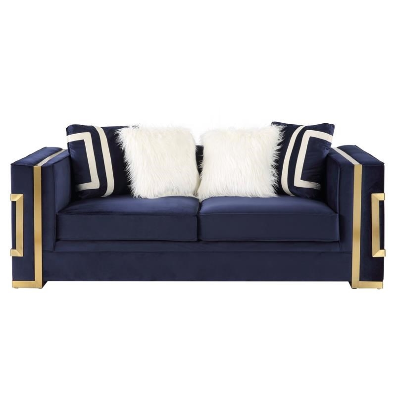 Bowery Hill Contemporary Loveseat with 4Pillows in Blue Velvet & Gold Finish