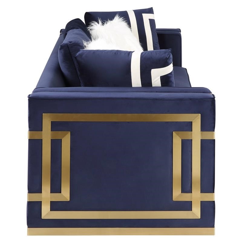Bowery Hill Contemporary Loveseat with 4Pillows in Blue Velvet & Gold Finish