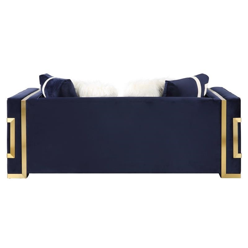 Bowery Hill Contemporary Loveseat with 4Pillows in Blue Velvet & Gold Finish