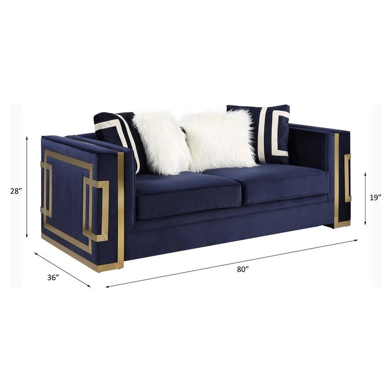 Bowery Hill Contemporary Loveseat with 4Pillows in Blue Velvet & Gold Finish