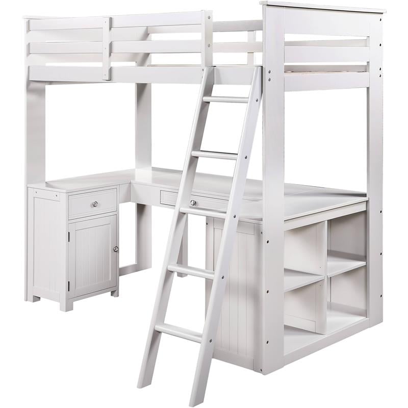 Bowery Hill Contemporary Loft Bed with Chest Desk & Bookcase in Light Gray