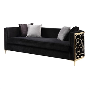 Bowery Hill Contemporary Sofa with 4 Pillows in Black Velvet & Gold Finish