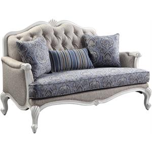 bowery hill transitional loveseat with 3 pillows in fabric and white finish