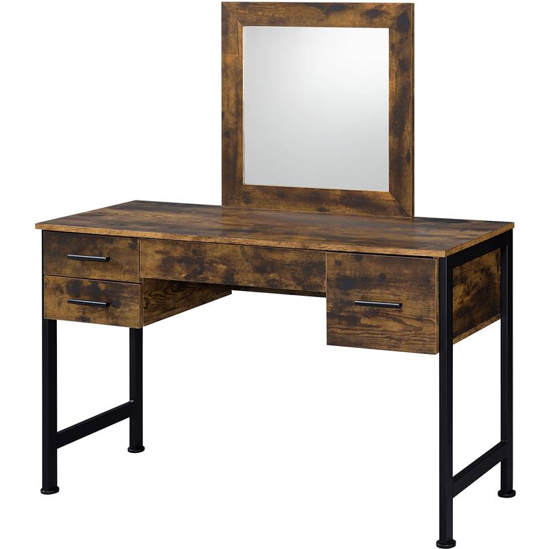 Bowery Hill Contemporary Vanity Desk & Mirror in Rustic Oak & Black Finish