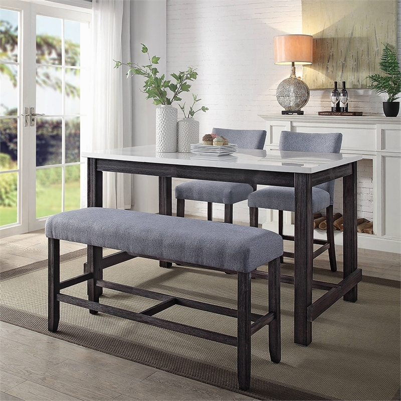 Bowery Hill Counter Height Table in White Marble and Weathered Espresso