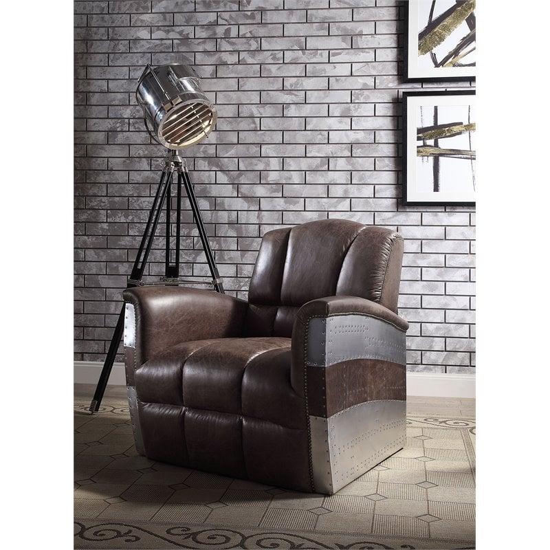 Bowery Hill Contemporary Accent Chair in Retro Brown Top Leather and Aluminum
