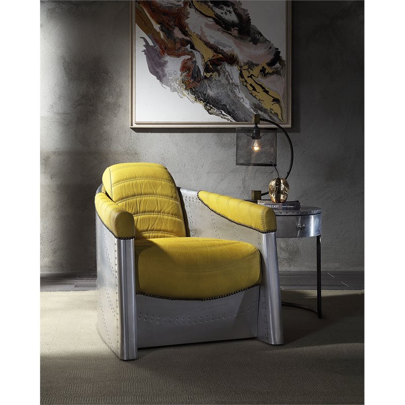 Bowery Hill Contemporary Accent Chair in Yellow Top Grain Leather and Aluminum