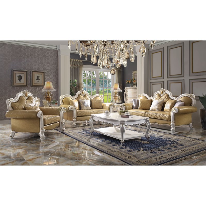 Bowery Hill Traditional Chair with Pillow in Antique Pearl and Butterscotch PU