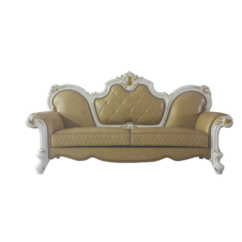 Bowery Hill Traditional Sofa with Pillows in Antique Pearl and Butterscotch PU