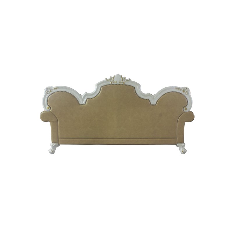 Bowery Hill Traditional Sofa with Pillows in Antique Pearl and Butterscotch PU