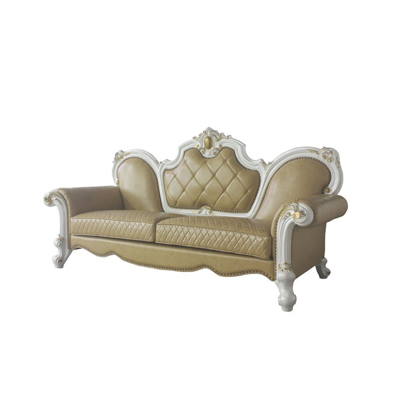 Bowery Hill Traditional Sofa with Pillows in Antique Pearl and Butterscotch PU