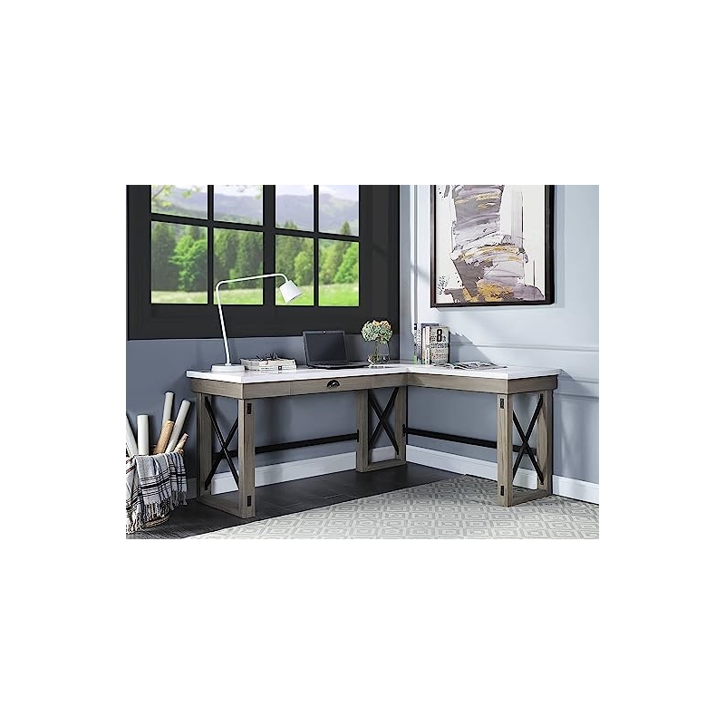 Bowery Hill Modern Writing Desk with Lift Top in Marble Top & Rustic Oak Finish