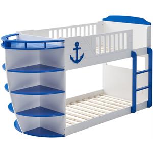 bowery hill modern twin/twin bunk bed w/storage shelves in sky blue finish