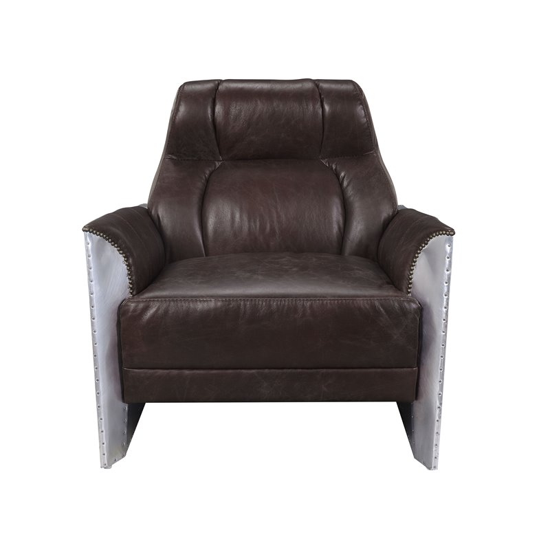 Bowery Hill Contemporary Accent Chair in Espresso Top Grain Leather and Aluminum