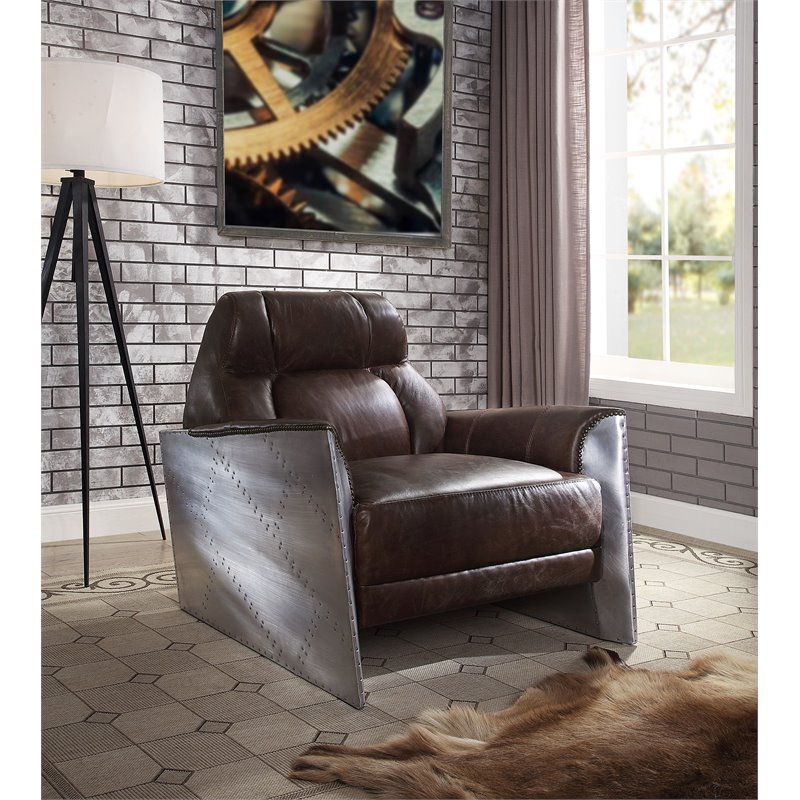 Bowery Hill Contemporary Accent Chair in Espresso Top Grain Leather and Aluminum