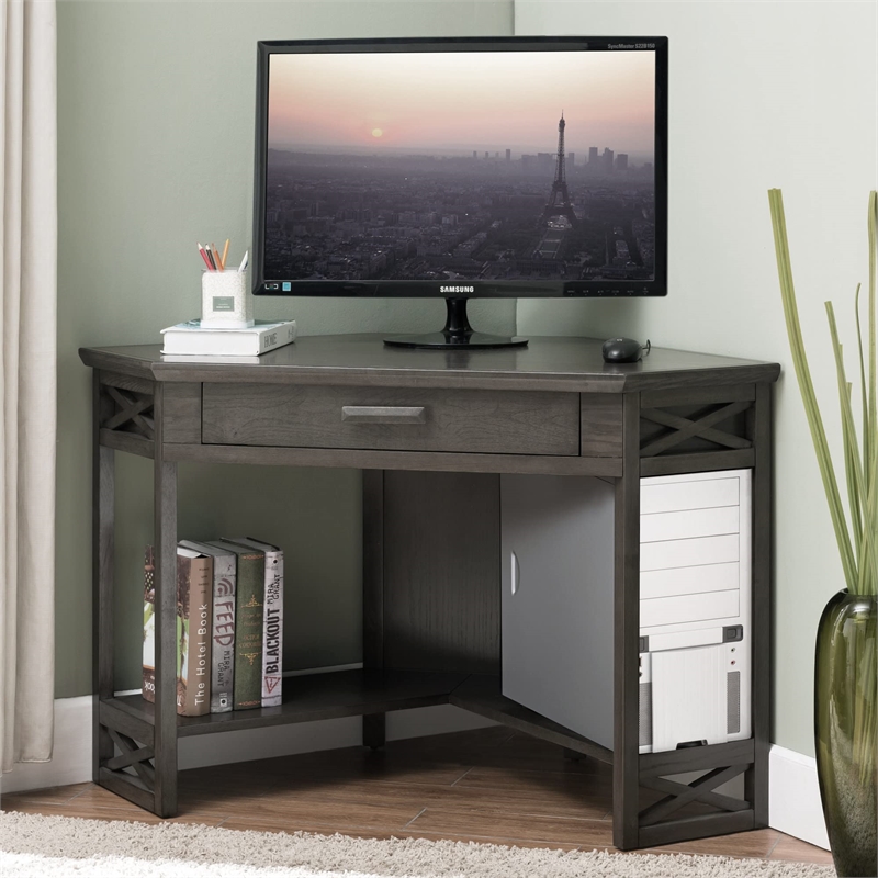 Bowery Hill Sturdy Wood Corner Computer/Writing Desk in Smoke Gray Oak