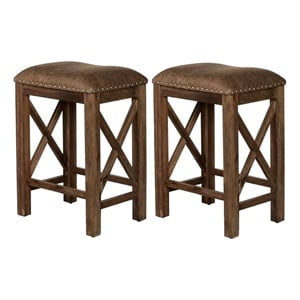 Bowery Hill 26&quot Transitional Wood/Faux Leather Counter Stool in Brown (Set of 2)