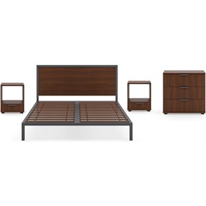 bowery hill contemporary brown wood queen bed with two nightstands & chest