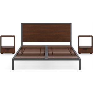bowery hill contemporary brown wood queen bed with two nightstands