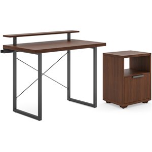 bowery hill contemporary brown wood desk with monitor stand & file cabinet