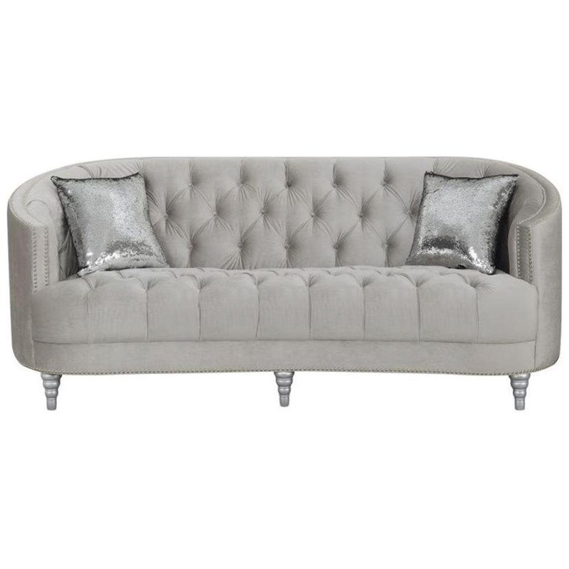 Bowery Hill 3 Piece Velvet Tufted Sofa Set in Gray and Silver
