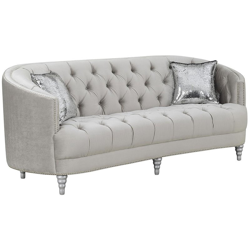 Bowery Hill 3 Piece Velvet Tufted Sofa Set in Gray and Silver