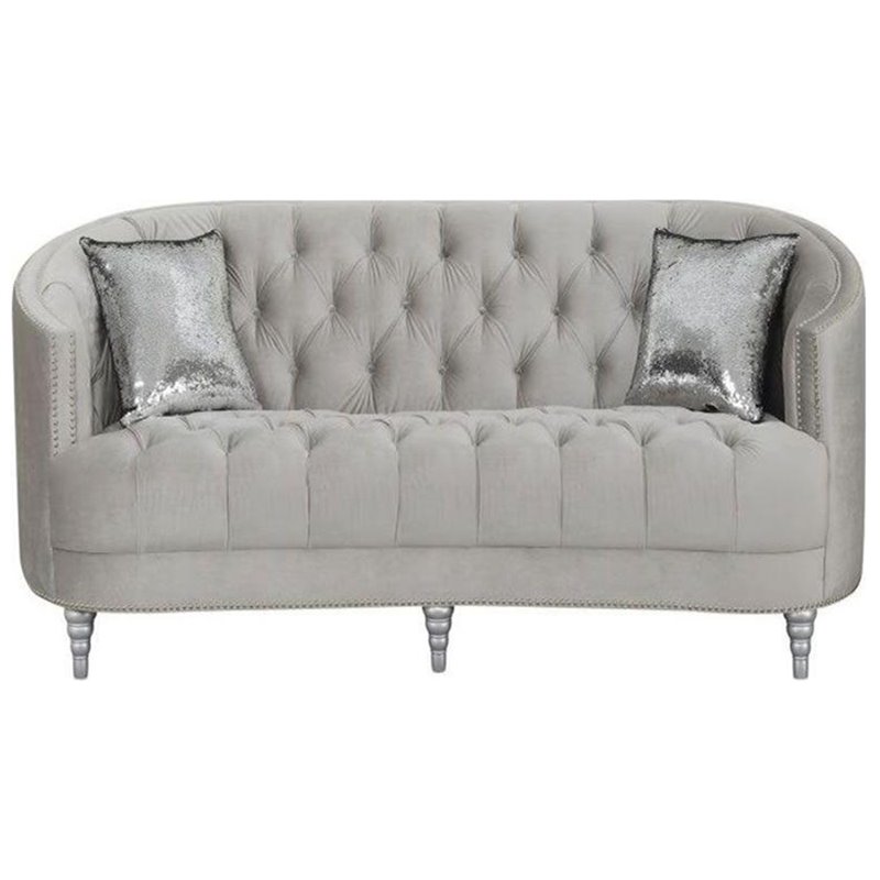 Bowery Hill 3 Piece Velvet Tufted Sofa Set in Gray and Silver