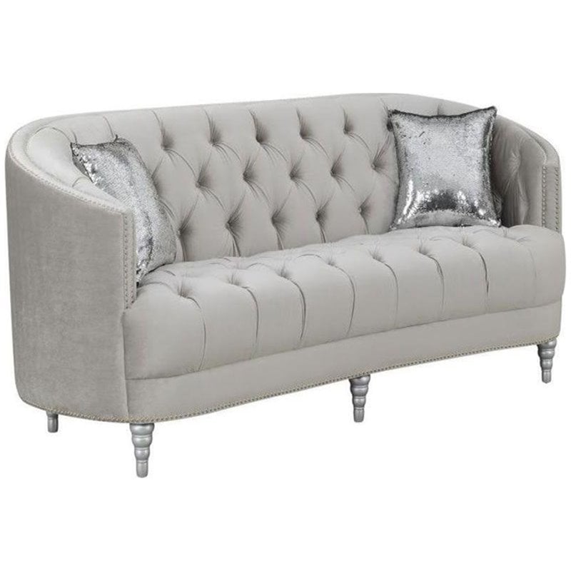 Bowery Hill 3 Piece Velvet Tufted Sofa Set in Gray and Silver