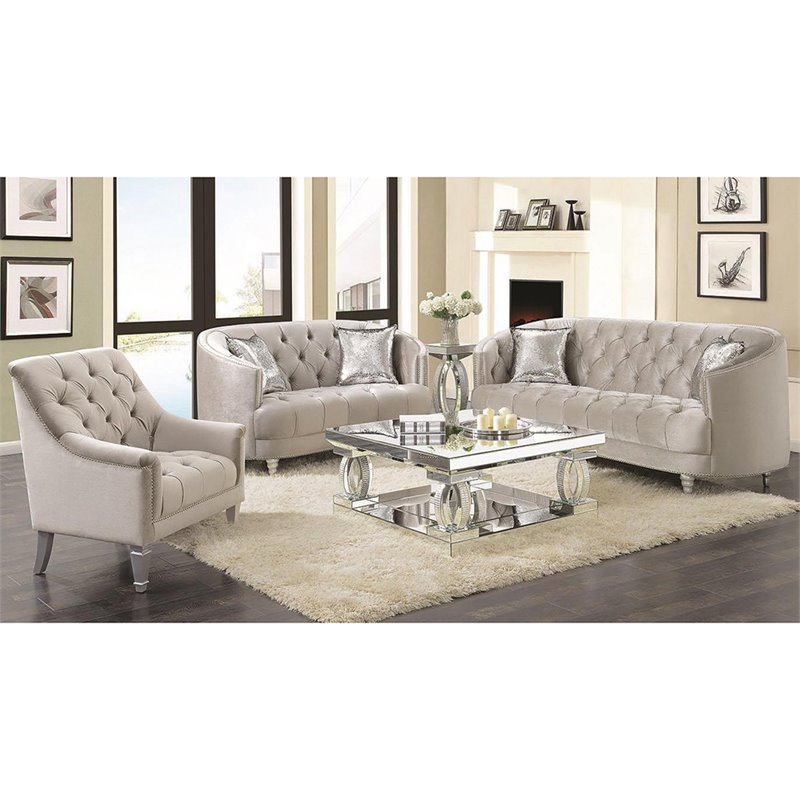 Bowery Hill 3 Piece Velvet Tufted Sofa Set in Gray and Silver
