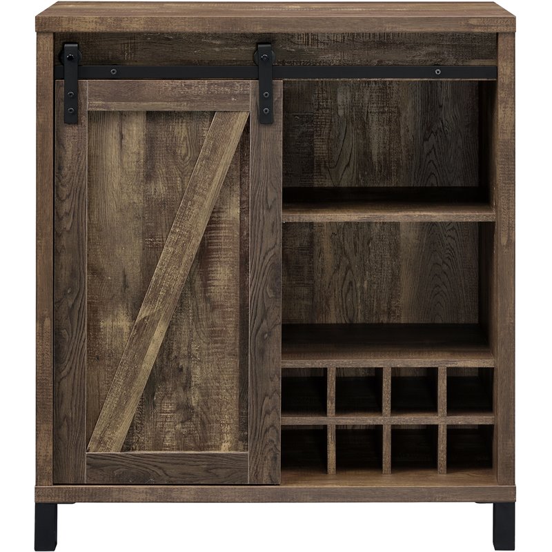 Bowery Hill Modern Bar Cabinet with Sliding Door in Rustic Oak