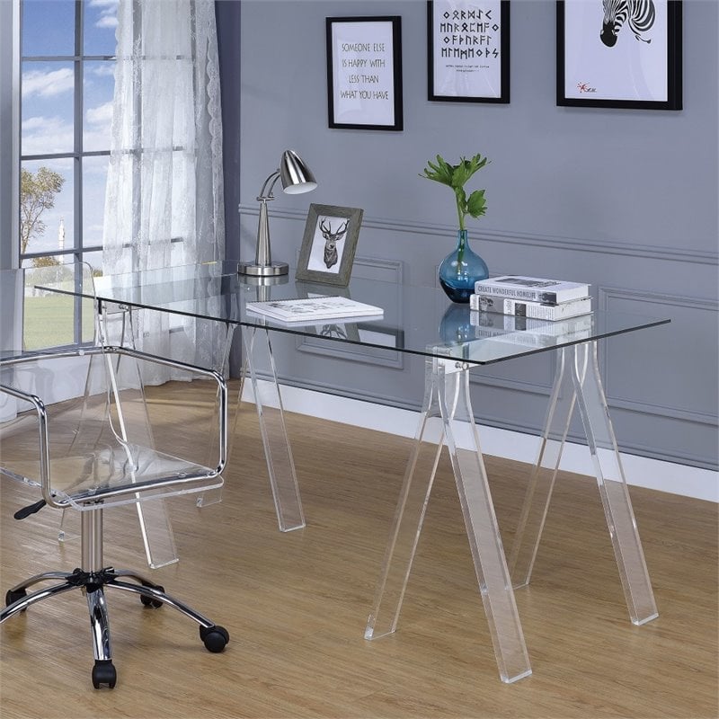 Bowery Hill Contemporary Clear Glass Top Acrylic Sawhorse Writing Desk