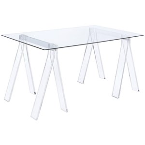 bowery hill contemporary clear glass top acrylic sawhorse writing desk