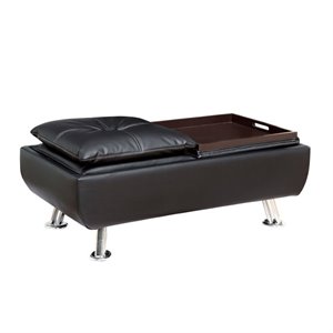 bowery hill contemporary tufted faux leather ottoman with tray in black