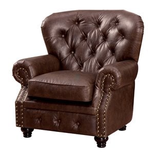bowery hill traditional faux leather tufted accent chair in brown