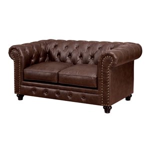 bowery hill traditional tufted faux leather loveseat in brown