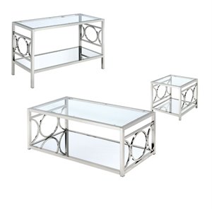 bowery hill contemporary metal 3-piece coffee table set in chrome