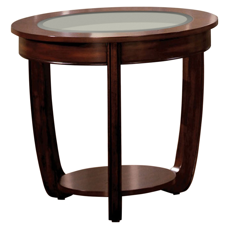 Bowery Hill End Table Round in Glass Top and Solid Wood - Cherry