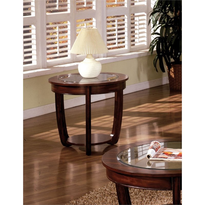 Bowery Hill End Table Round in Glass Top and Solid Wood - Cherry