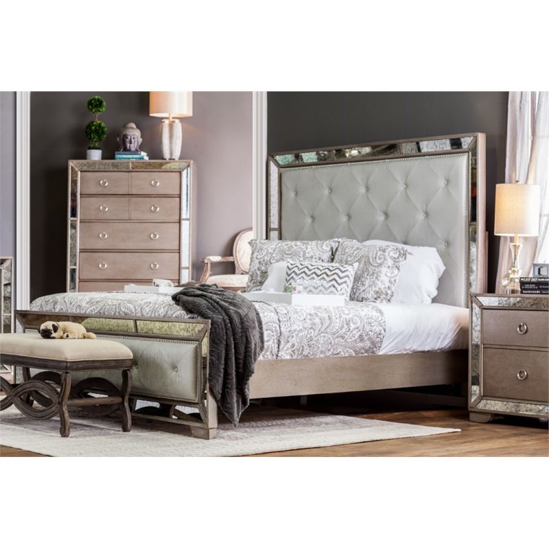 Bowery Hill Contemporary Wood Queen Tufted Panel Bed in Gold