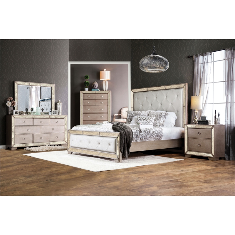Bowery Hill Contemporary Wood Queen Tufted Panel Bed in Gold