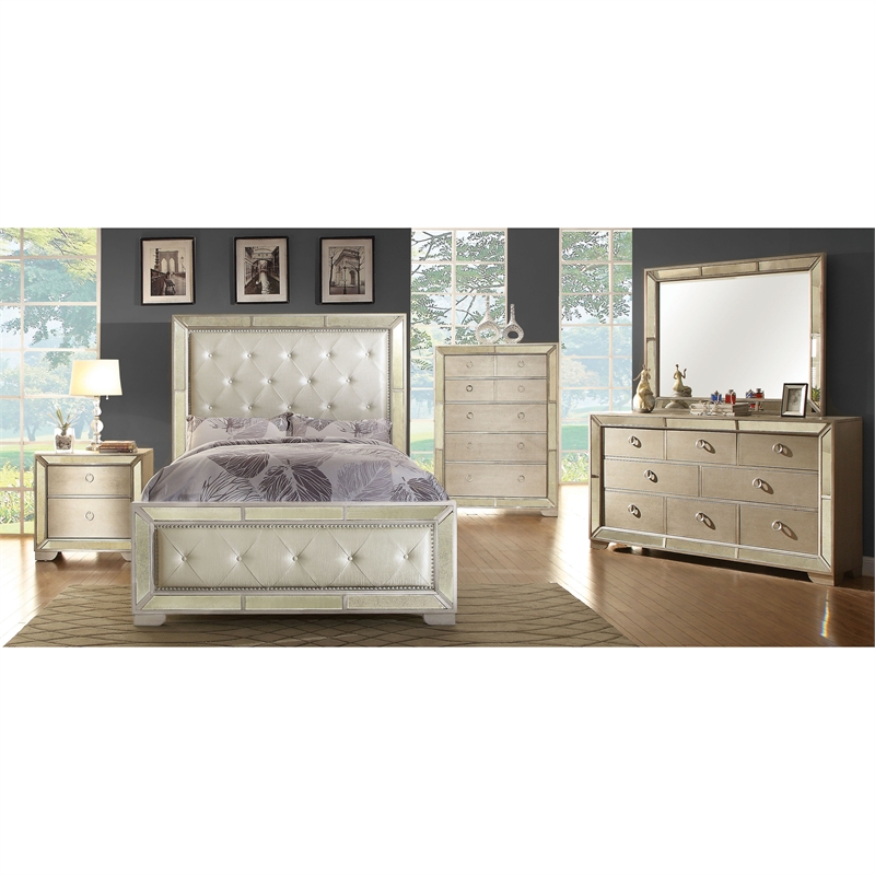 Bowery Hill Contemporary Wood Queen Tufted Panel Bed in Gold