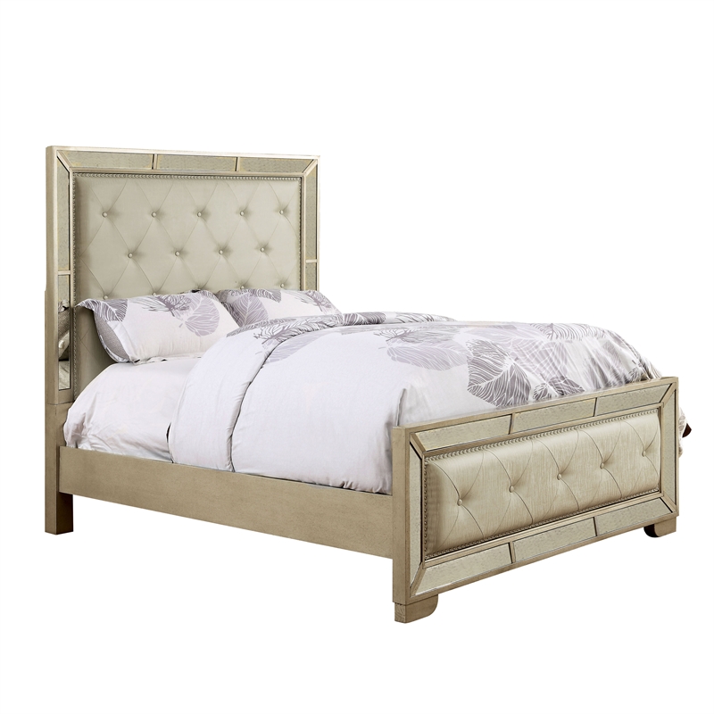 Bowery Hill Contemporary Wood Queen Tufted Panel Bed in Gold