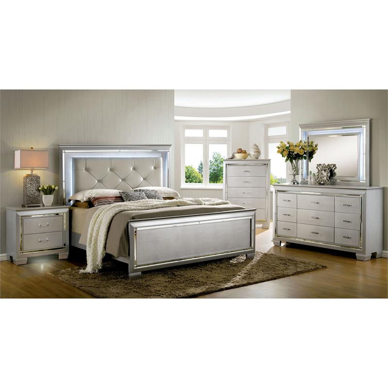 Bowery Hill Contemporary Wood Queen LED Panel Bed with Mirror Trim in Silver