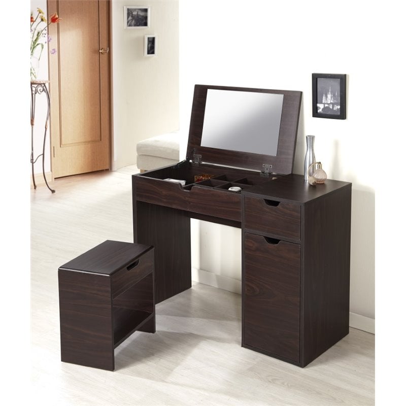 Bowery Hill 2-Piece Contemporary Wood Vanity Set with Glass in Walnut