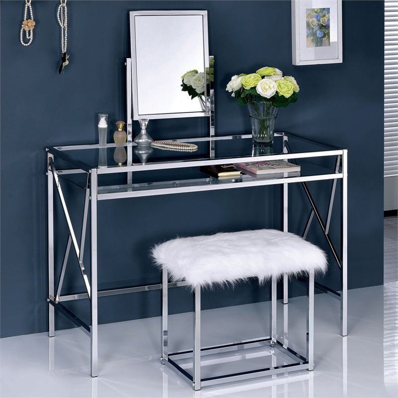 Bowery Hill Contemporary Metal 3-Piece Bedroom Vanity Set in Chrome