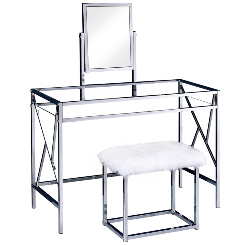 Bowery Hill Contemporary Metal 3-Piece Bedroom Vanity Set in Chrome