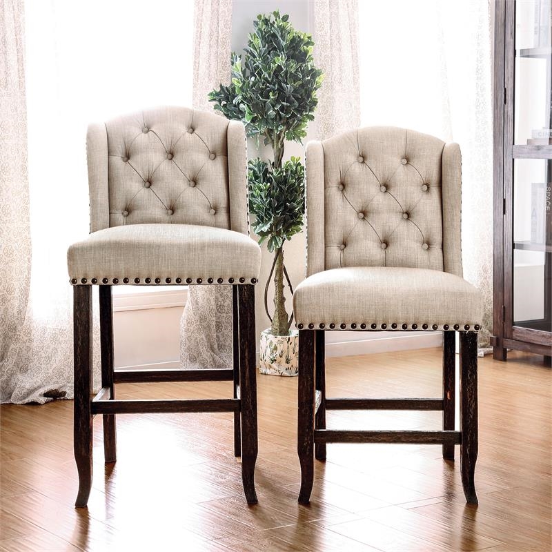 Bowery Hill Transitional Fabric/Wood Bar Chair in Beige (Set of 2)