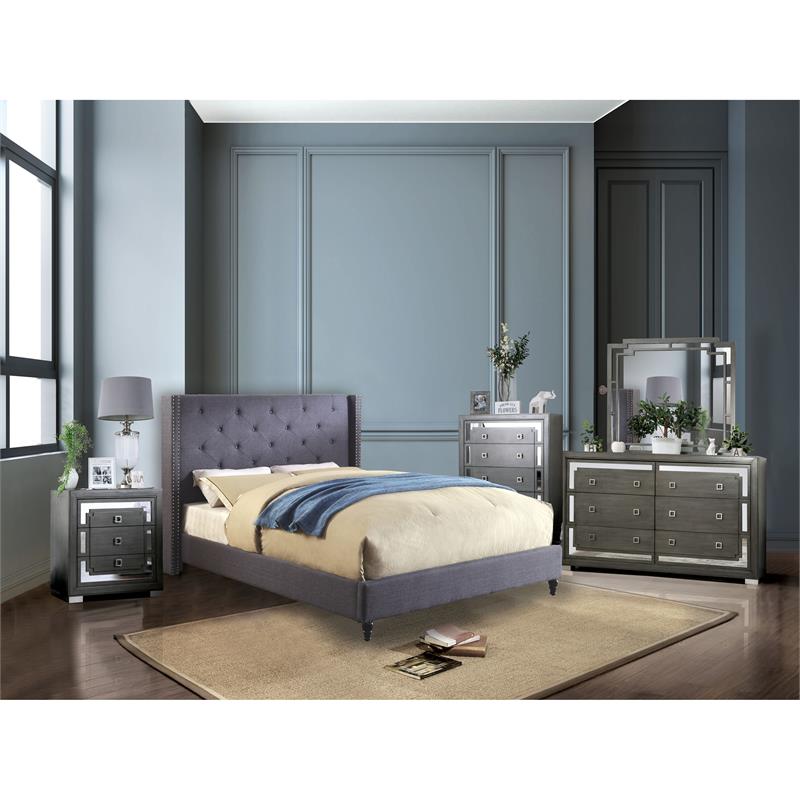 Bowery Hill Transitional Fabric Wingback Queen Bed with Wood Legs in Blue