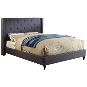 bowery hill transitional fabric wingback queen bed in blue