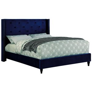 bowery hill transitional fabric wingback queen bed in navy